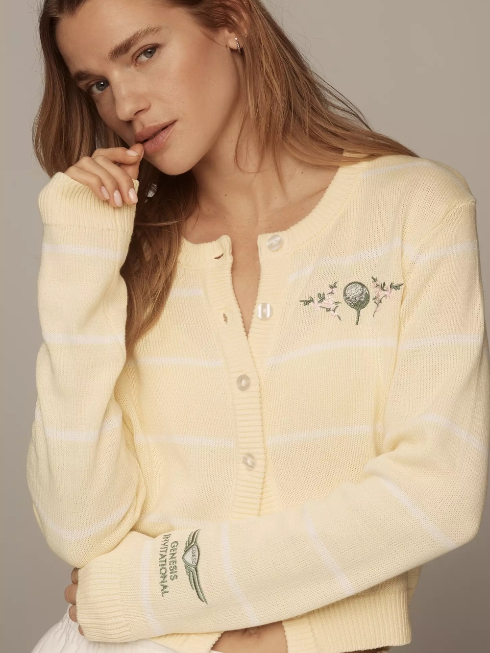 Cropped Yellow Stripe Knit Cardigan with Embroidered Detail